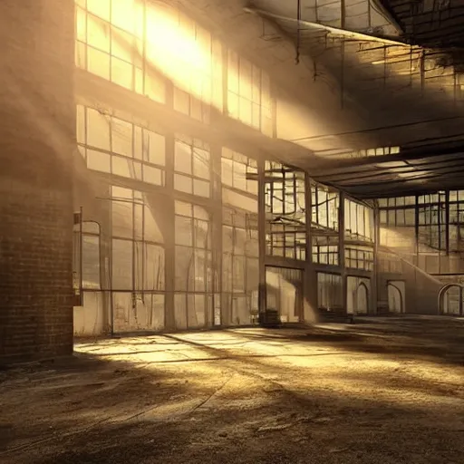 Image similar to abandoned industrial factory interior, sunlight filtering through the windows, digital art, trending on artstation