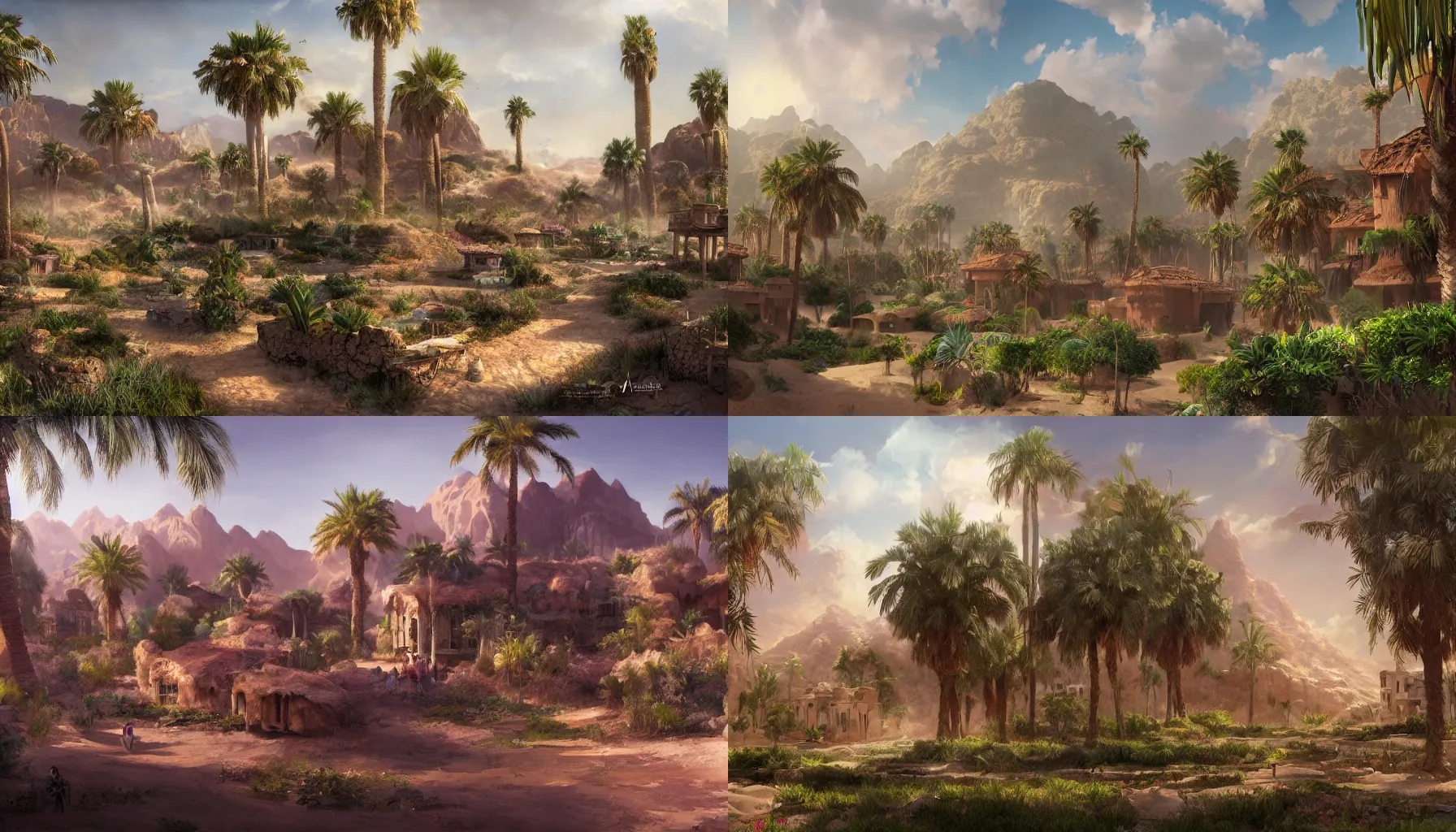 Prompt: lush oasis and houses in the desert, matte painting, artstation