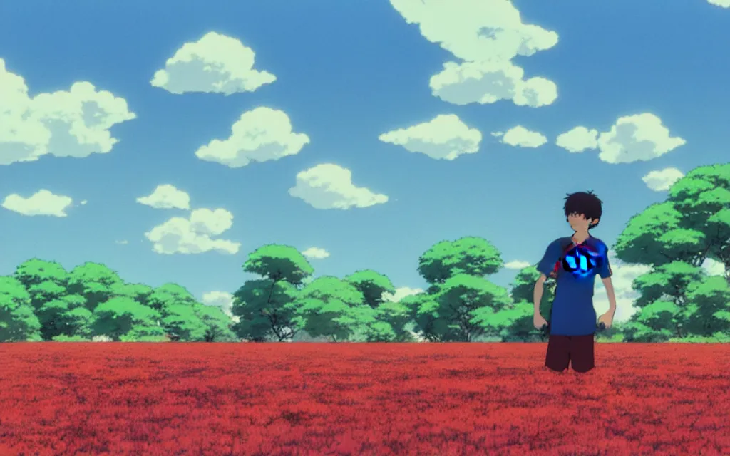 Prompt: a boy wearing a manchester united jersey day dreaming on a field of flower, beautiful bright blue sky. 35mm film. makoto shinkai, studio ghibli.