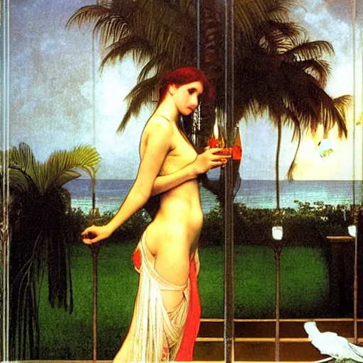 Image similar to Girl with a blood dripping chalice at the palace, thunderstorm, pool, beach and palm trees on the background major arcana sky, by paul delaroche, alphonse mucha and arnold böcklin arnold böcklin hyperrealistic 8k, very detailed