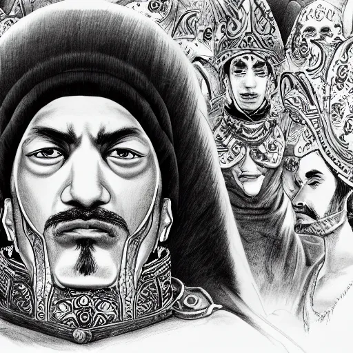 Prompt: a close up portrait of a sultan, focused gaze, art station, highly detailed, concept art, sharp focus, illustration in pen and ink, 4 k wide angle, by kentaro miura