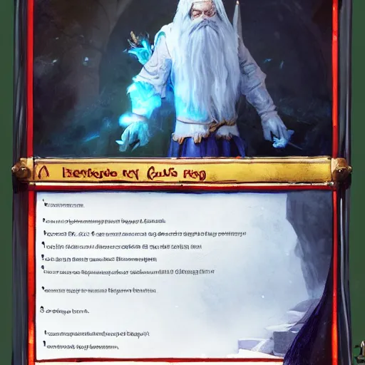 Image similar to a DnD character card of a wizard with a white beard and a blue robe and a wizard hat, hyperdetailed concept art by Ross Tran and Greg Rutkowski, realistic, trending on ArtStation, 8k