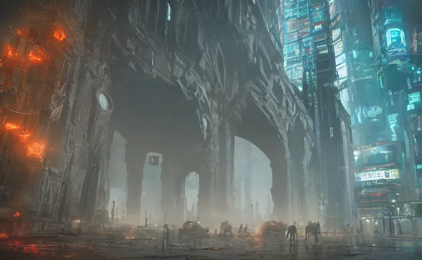 Prompt: A massive portal to a lovecraftian dimension has opened with an ancient one reaching through to enter the human world, in front of a massive cyberpunk gothic metropolis, epic scale, epic scene, massive, rendered in octane, CryEngine, hype realistic, digital art, Artstation, Lovecraftian, 8k