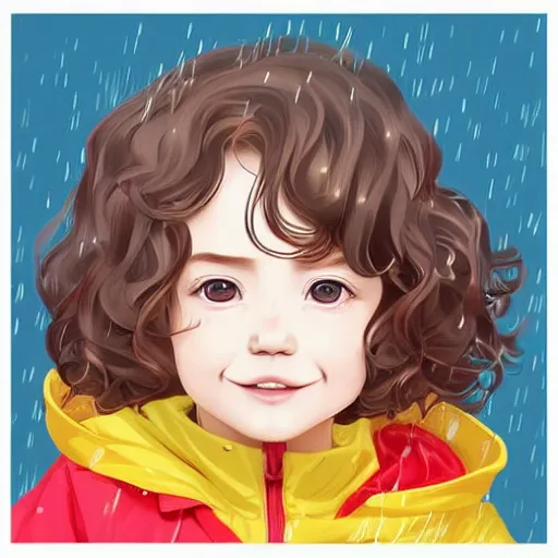 Prompt: a one year old girl with short wavy curly light brown hair and blue eyes wearing a colorful raincoat in the rain. clean cel shaded vector art by lois van baarle, artgerm, helen huang, by makoto shinkai and ilya kuvshinov, rossdraws, illustration, art by ilya kuvshinov