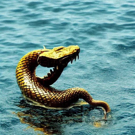 Prompt: a golden serpent in the sea spitting venom