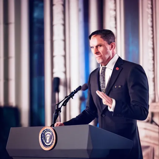 Image similar to a fox animal dressed in a suit giving a presidential speech, 8 5 mm f / 1. 4