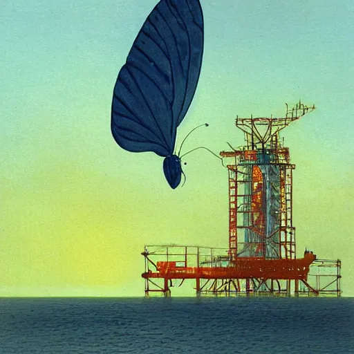 Prompt: in the early morning fog, a large, glowing butterfly sits on top of an oil platform by moebius