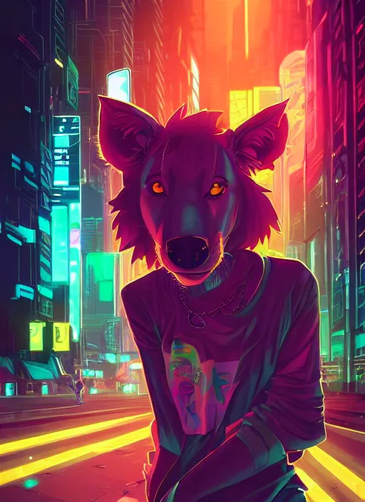 Image similar to beautiful portrait commission of a female furry anthro hyena fursona wearing skater clothes. Cyberpunk city at night in the rain. Neon light. Atmospheric. Character design by charlie bowater, ross tran, artgerm, and makoto shinkai, detailed, inked, western comic book art