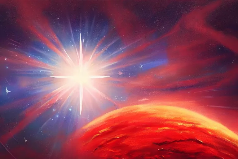 Image similar to A beautiful painting of A giant blurred red star centered in distant space, Trending on artstation