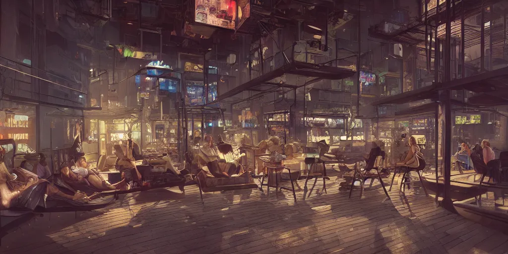 Prompt: a beautiful and cozy octane render of a cyberpunk coffee shop on a hammock structure between two towers, hyper detailed, multiple levels, award winning art, by bladerunner, by cameron, by gibson, mead,