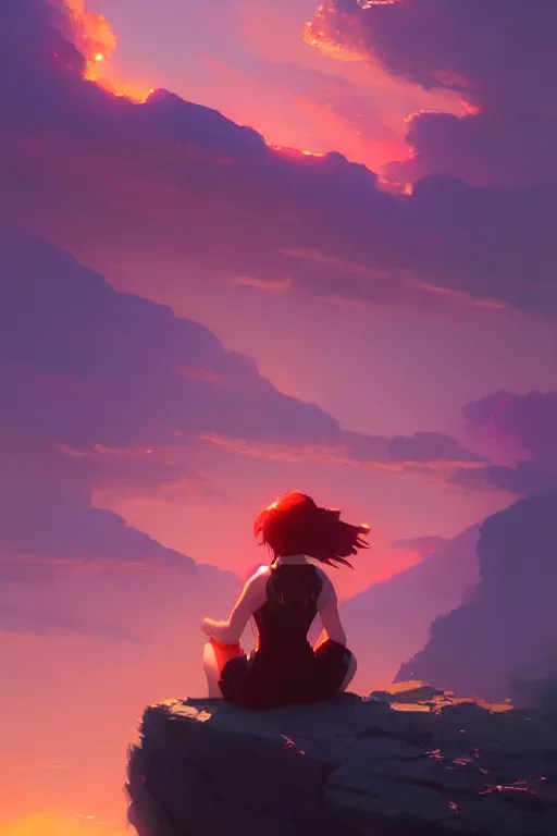 Image similar to a woman sitting on a cliff looking over a burning village, dramatic sunset, by ilya kuvshinov, krenz cushart, Greg Rutkowski, trending on artstation