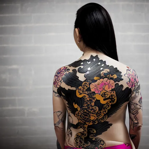 Image similar to photography of the back of a woman with a black detailed irezumi tatto representing a gold tiger with pink flowers on her entire back, dark hangar background, mid-shot, editorial photography