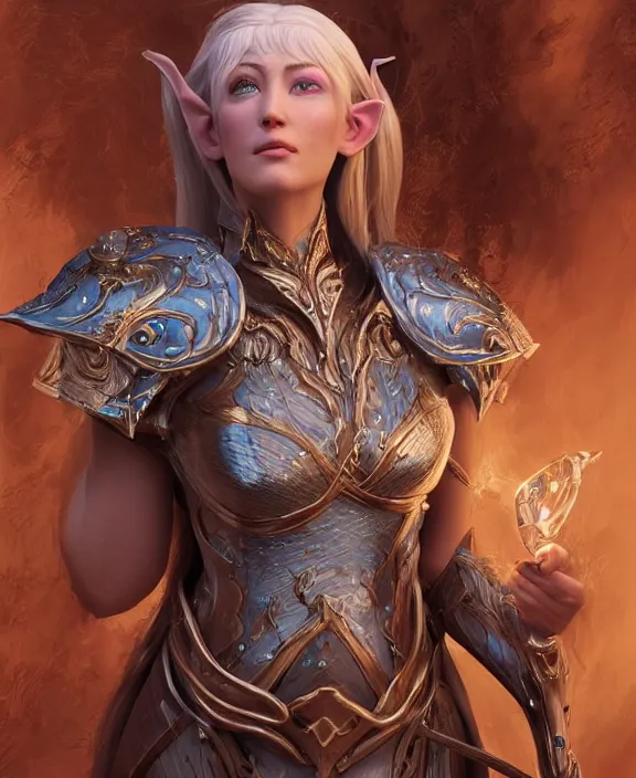 Prompt: a beautiful and highly detailed digital portrait of a dignified female elven paladin with blue hair in rose gold armor by clint cearley and karol bak, centered, artsation contest winner, cgsociety, fantasy art, cryengine, concept art, photorealism, daz 3 d, sketchfab, zbrush, vray