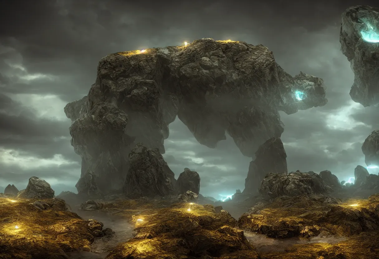 Image similar to Photorealistic epic misty landscape with magically floating rocks, with ominous storm clouds, bioluminescent runes, stones falling from the sky, a gentle rising mist. occult photorealism, UHD, amazing depth, glowing, golden ratio, 3D octane cycle unreal engine 5, volumetric lighting, cinematic lighting, in the style of Michael Whelan and Gustave Dore. Hyperdetailed photorealism, epic scale, misty, 108 megapixels, amazing depth, glowing rich colors, powerful imagery, psychedelic Overtones, concept art