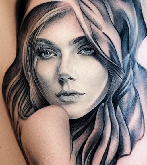 Image similar to tattoo design sketch of a beautiful woman face against a background of beautiful mountains and nature, hyper - realistic, in the style of den yakovlev, amazing detail, black and white