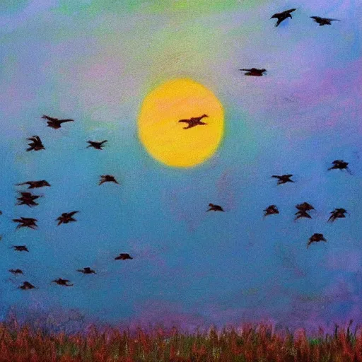 Image similar to a painting of a flock of crows flying in the distance, sunset, trending on artstation, masterpiece, in the style of Claude Monet