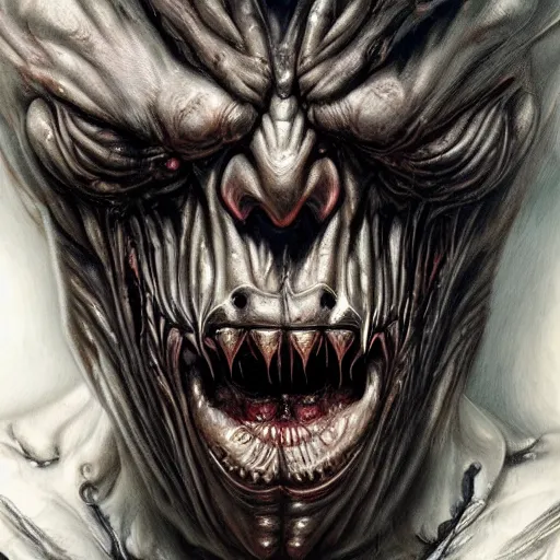 Image similar to Dark fantasy Painting of a hulking muscular demonic with drool dripping from its mouth, hr giger muscles, disgusting, creepy, unsettling, horror, upper body, intricate, wild, highly detailed, digital painting, artstation, concept art, smooth, sharp focus, illustration, art by artgerm and greg rutkowski and alphonse mucha