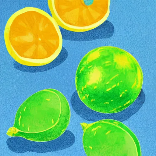 Image similar to retro, hd illustration of watermelons, big yellow lemons, mint leaves, ice cubes, inspired by watercolor masterpieces, matisse, malevich, david hockney, colorful, happy, trending on artstation, 4 k