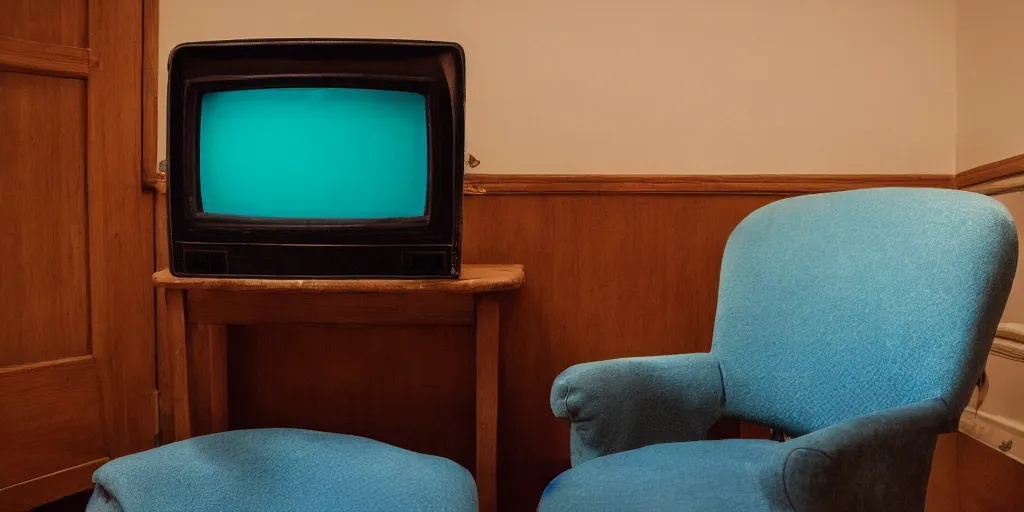 Prompt: an old CRT tv with a glowing blue screen, on an old chair in an empty room, eerie atmosphere and dim green lighting