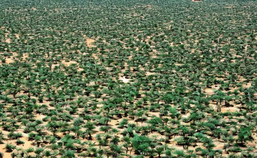 Prompt: giant green lush forest with various plants in the sahara desert, surrounded by houses made of glass, metal, concrete and bamboo