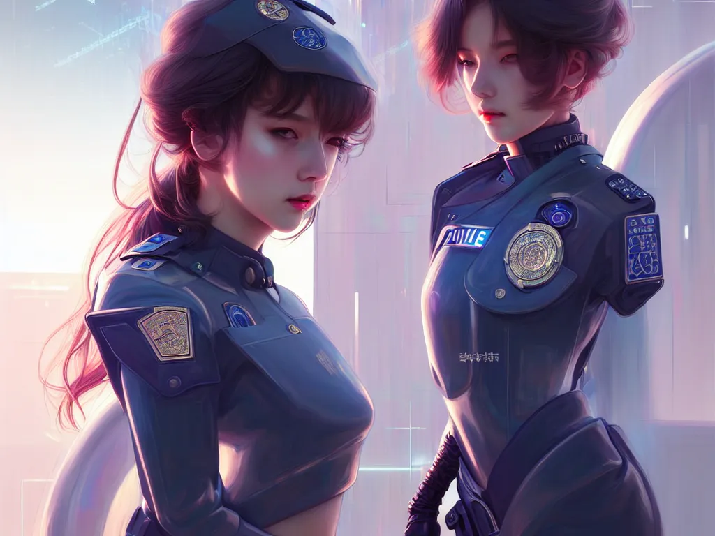 Image similar to portrait futuristic police uniform girl, at future neon light tokyo rooftop, ssci - fi and fantasy, intricate and very very beautiful and elegant, highly detailed, digital painting, artstation, concept art, smooth and sharp focus, illustration, art by tan zi and ayanamikodon and alphonse mucha and wlop