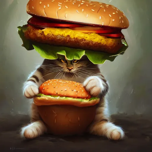 Prompt: a cat eating a hamburger by WLOP and tony sart, fantasy art, 4k, HDR, photorealistic, 8k, trending on artstation