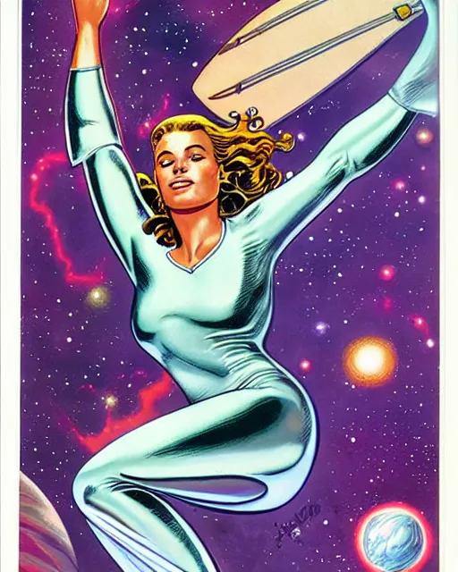 Prompt: an award winning comic illustration of a beautiful liquid silver woman surfing the galaxy by Jack Kirby and Joe Jusko ~n 9