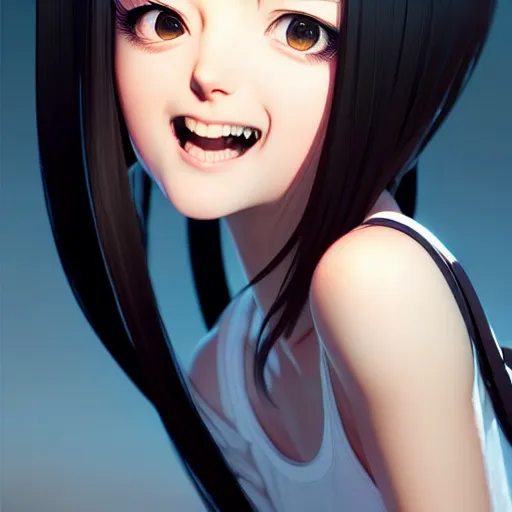 Image similar to youth kim beckinsale laughing softly, occlusion shadow, specular reflection, rim light, unreal engine, range murata, artstation, pinterest, art by hiroaki samura and ilya kuvshinov and rossdraws, intricate, highly detailed 8 k, art deco illustration, realistic, extremely beautiful shape of face, neck, shoulders eyes