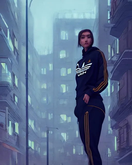 Image similar to portrait of attractive slav heroine wearing an addidas tracksuit. illuminated street lights, slav apartments in backround, by greg rutkowski and wlop, detailed, cinematic, 8 k, intricate, rule of thirds.