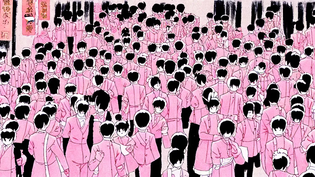 Image similar to manga drawing of a parade on the streets Tokyo everyone is dressed in pink and wearing pig masks, film still from the an anime directed by Katsuhiro Otomo with art direction by Salvador Dalí, wide lens