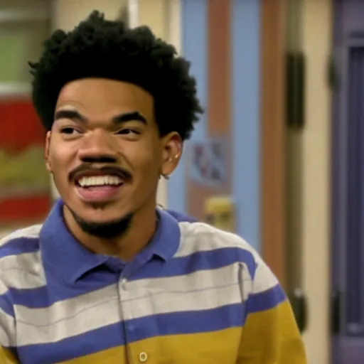 Image similar to a tv still of Chance The Rapper starring as a black college student at Jones College Prep in a 1993 sitcom