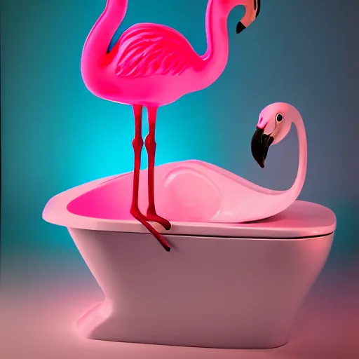 Prompt: flamingo sitting on the toilet, singihg, highly detailed, 4k, green neon lighting