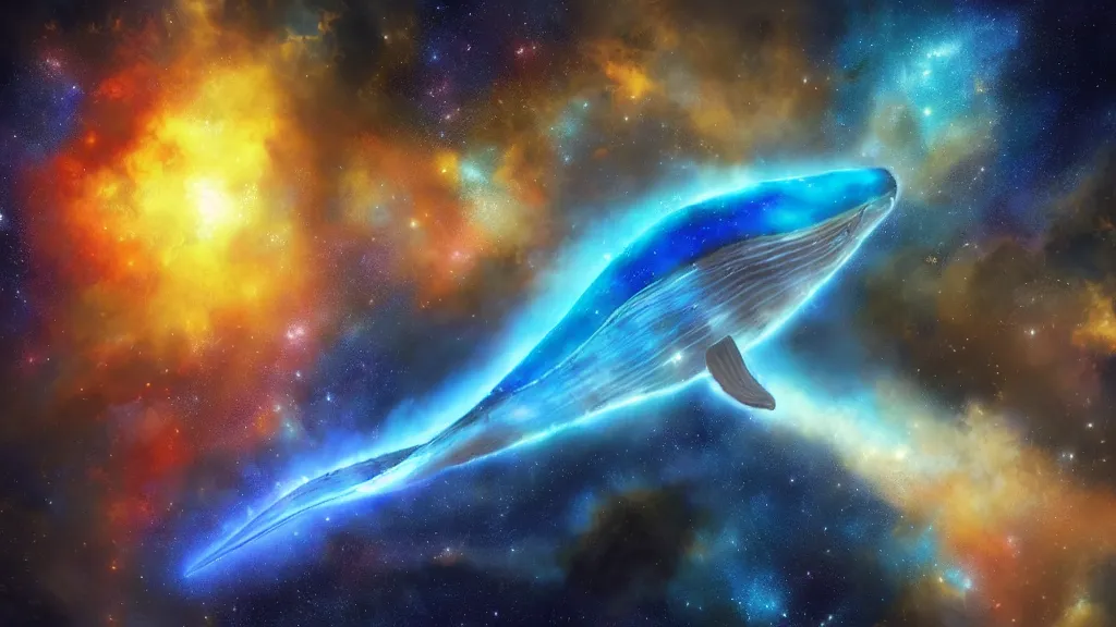 Prompt: Blue fire whale flying through a nebula, star dust, cosmic, magical, shiny, glow,cosmos, galaxies, stars, stunning, vivid colors, by andreas rocha and john howe, and Martin Johnson Heade, featured on artstation, featured on behance, golden ratio, ultrawide angle, hyper detailed, photorealistic, epic composition, wide angle, f32, well composed, UE5, 8k