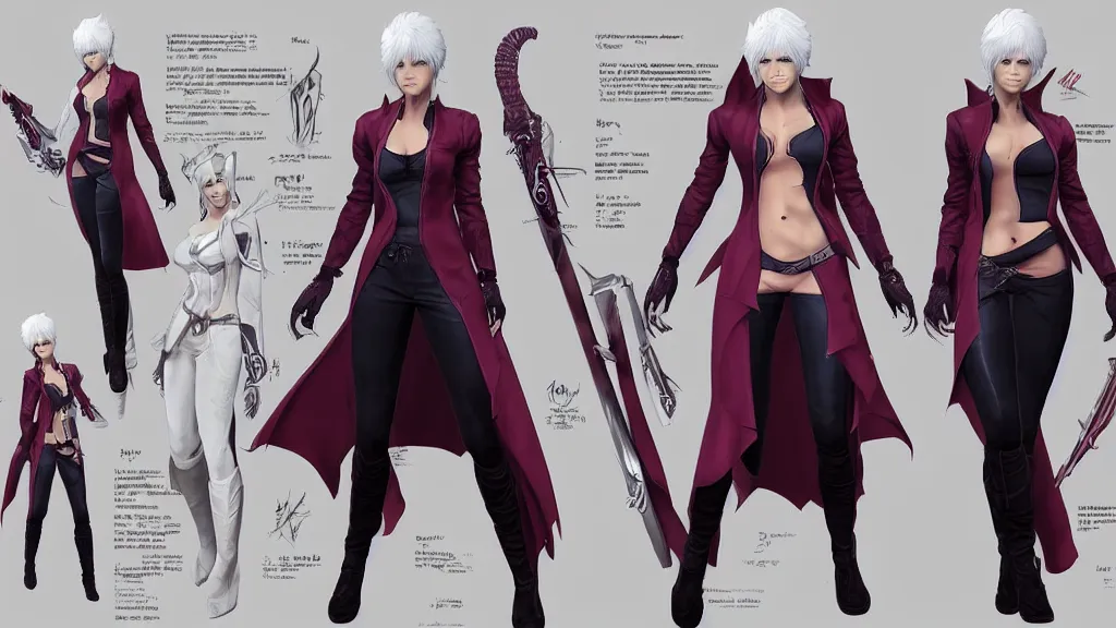 Image similar to devil may cry female Vergil character design sheet, trending on artstation