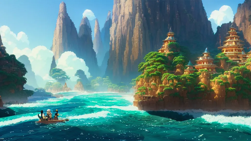 Image similar to el dorado, studio ghibli, pixar and disney animation, sharp, rendered in unreal engine 5, highly detailed, digital painting, artstation, concept art, smooth, sharp focus, illustration, wide angle, artbook, wallpaper, splash art, promo art, dramatic lighting, art by artgerm and greg rutkowski and bo chen and jin xiaodi