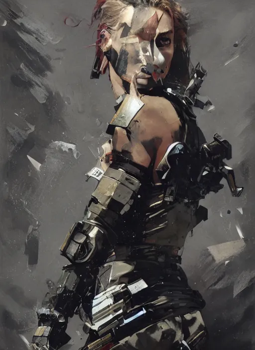 Image similar to Margot Robbie wearing metal gear armor holding ak-47 dramatic lighting art by Yoji Shinkawa by Richard Schmid by greg rutkowski by Sandra Chevrier by Jeremy Lipking cinematic dramatic