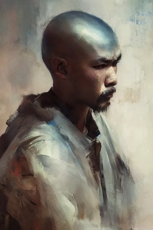 Image similar to beautiful bald kazakh guy with a short beard, painted by ruan jia, realistic, dramatic light