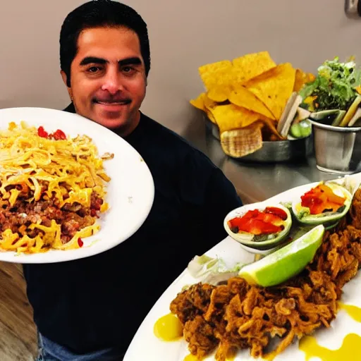 Image similar to a giant plate of indiscriminate mexican food with a smiling man behind it