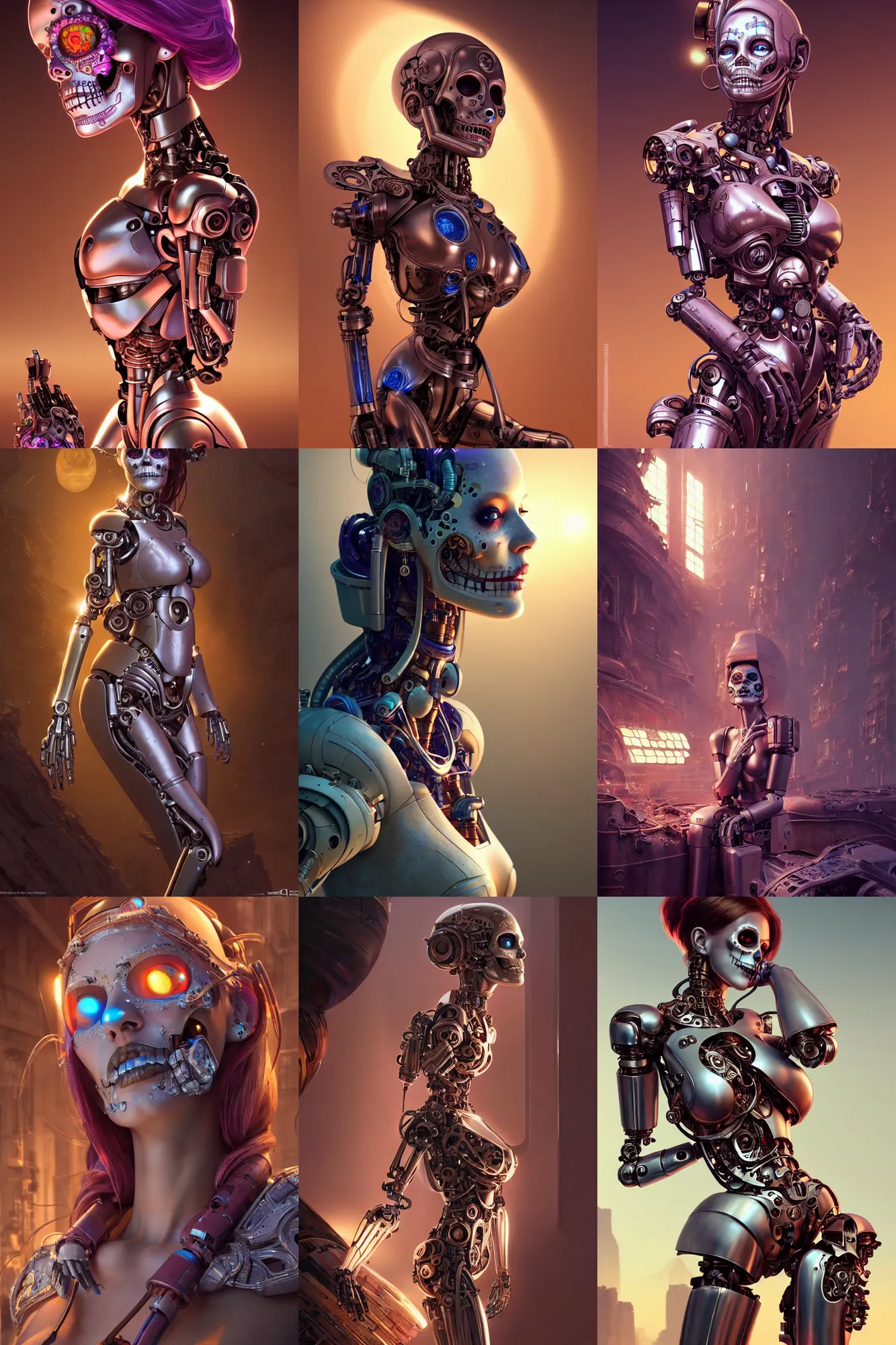 Prompt: broken beautiful female mechanical android!, highly detailed, intricate detailed environment, global illumination, photorealistic!, octane render, digital illustration, concept art, cinematic lighting, art, very coherent, cinematic, cgsociety, hyper realism, dia de los muertos, 8 k. by artgerm and moebius and rossdraws and greg rutkowski and alphonse mucha