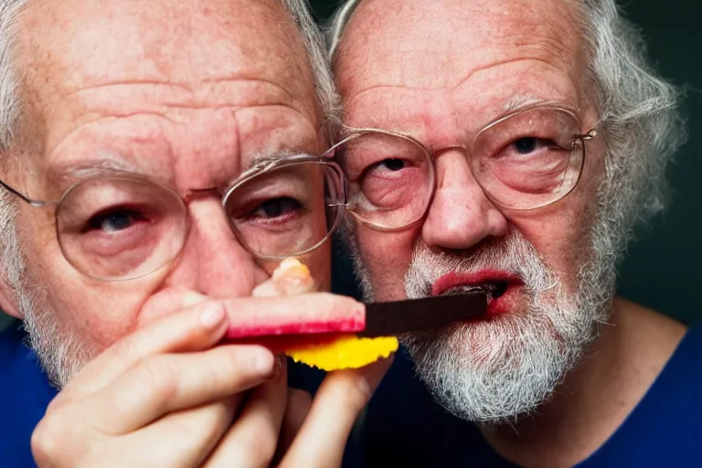 Image similar to A Martin Parr closeup portrait of Socrates eating a popsicle, in the style of Martin Parr The Last Resort, ring flash closeup photograph