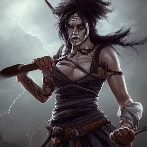 Prompt: a strong pirate woman in a sleeveless vest, angry, black lines running up her arms like veins, fighting, holding an axe of shadows, storm clouds in the background, long dark hair, character art, full body art, Dungeons and Dragons, D&D, trending on artstation, artgerm, 4k ultra hd, sharp focus, digital art by Ilya Kuvshinov and Ross Tran,