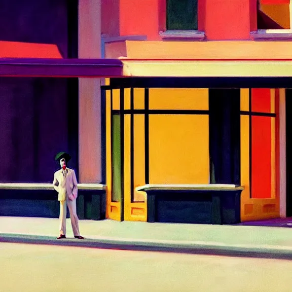 Prompt: beautiful illustration of a the artist formerly known as Prince by Edward Hopper, clean lines, very detailed, colorful octane render