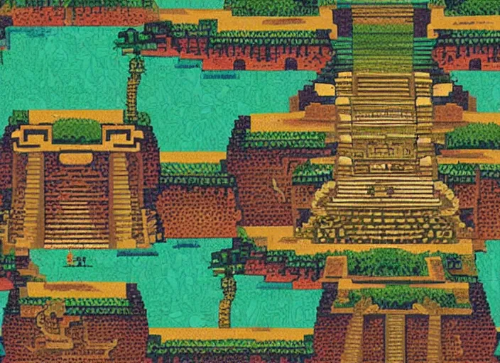 Prompt: Hand-painted Lucasarts pixel art background of a mayan temple in the middle of the jungle.