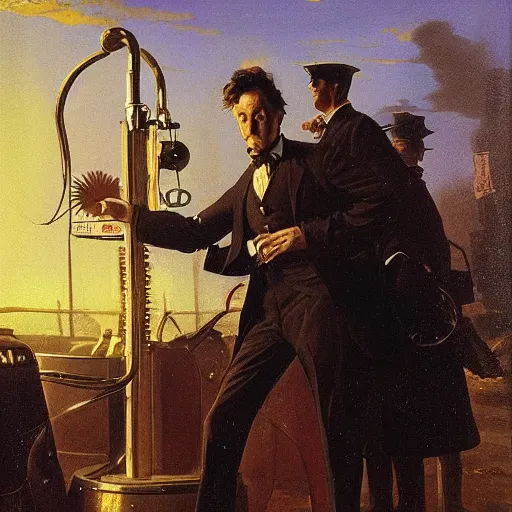 Prompt: painting of a man in suit in an syd mead artlilery scifi gas pump with ornate metal work lands on a farm, fossil ornaments, volumetric lights, purple sun, andreas achenbach