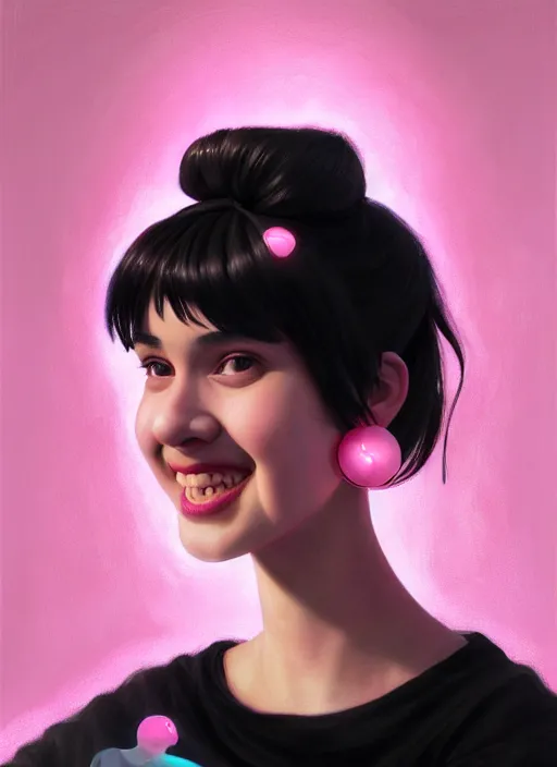 Image similar to portrait of teenage girl, realistic, black hair, bangs, half updo hairstyle, pointy nose, skinny, smile, ugly, defined jawline, big chin, pink hair bow, earrings, intricate, elegant, glowing lights, highly detailed, digital painting, artstation, sharp focus, illustration, art by wlop, mars ravelo and greg rutkowski