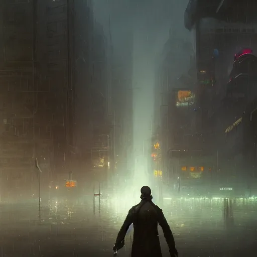 Image similar to epic portrait an cyberpunk city full of puddles and water, cloudy, rain, glowing, huge, broad light, ambient occlusion, volumetric light effect, made by ivan aivazovsky, peter mohrbacher, greg rutkowski, matte painting, trending on artstation, 4 k, perfectly defined features, digital painting,