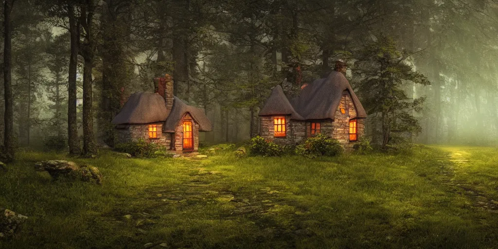 Prompt: solitary cottage in the woods, 8k, fantasy, photo realistic, dramatic lighting