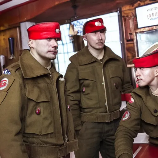 Prompt: modern red berets soldiers inside of a pub, by valentin serov tretiakov gallery, soldiers wearing tactical clothing, 2 1 st century, cinematic, award winning