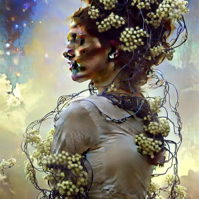 Image similar to hyperrealist portrait of a 2 0 4 4 space sport engineer, it is decorated with long wires and white flowers that fall like vines and wears a huge computer crown. by jeremy mann and alphonse mucha, fantasy art, photo realistic, dynamic lighting, artstation, poster, volumetric lighting, very detailed faces, 4 k, award winning