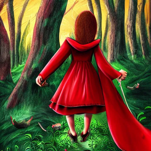 Prompt: little red riding hood by tim burton, 8 k, digital art masterpiece,